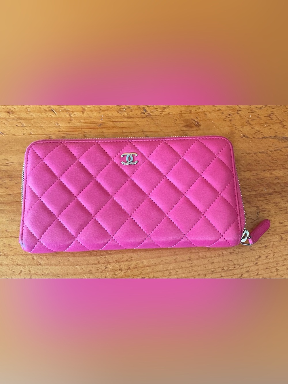 CHANEL Hot Pink Quilted Caviar Leather Wallet with Silver CC